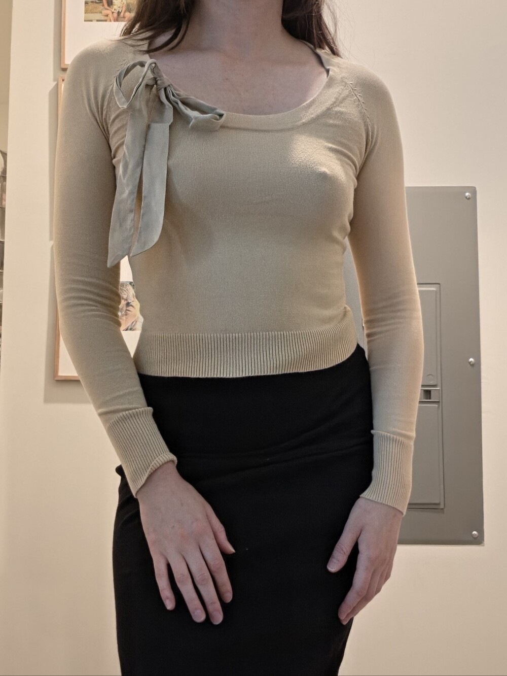 The Limited Ribbon Collar Long Sleeve Crewneck Bow Accent